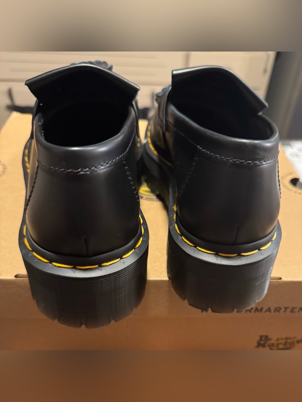 Dr. Martens Black Leather Tassel Platform Loafers with Yellow Stitching - Picture 5 of 7